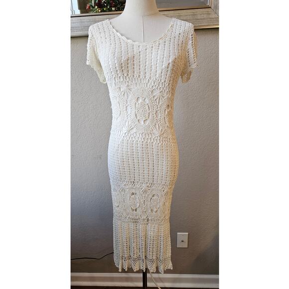 Kroshetta by Papillon Crochet Knit Dress Size M White Lace Open Weave Boho - Picture 2 of 12